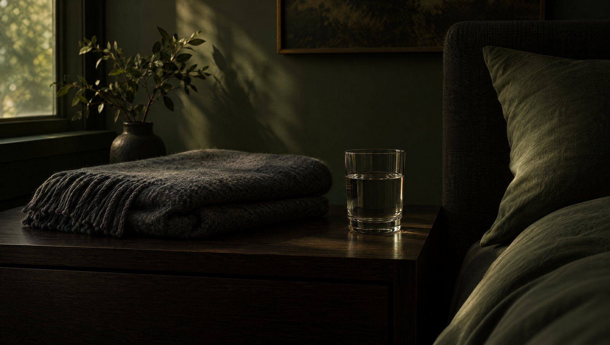 A folded grey wool blanket and a clear glass of water on a dark wooden bedside table, beside a made bed, in soft olive-green window light.