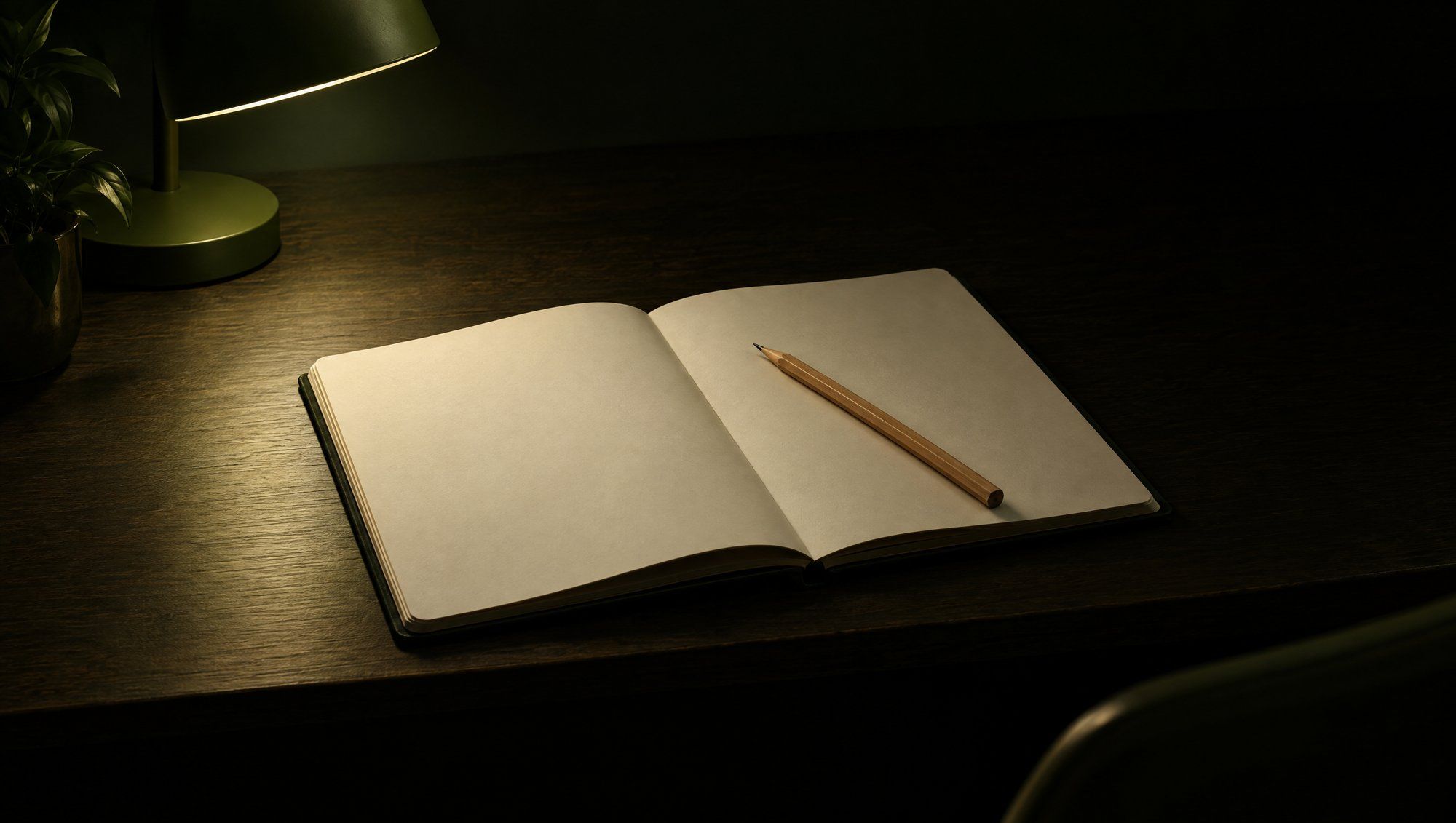 An open notebook with blank pages and a wooden pencil on a dark wooden desk, lit by an olive-green desk lamp.