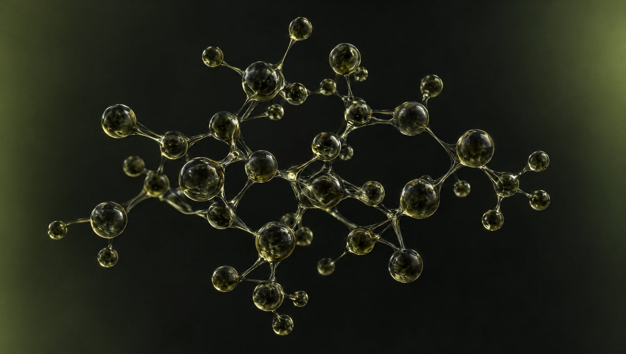 A branching lattice of small smoky glass spheres joined by fine glass threads, floating against a dark background with olive-green light at the edges.