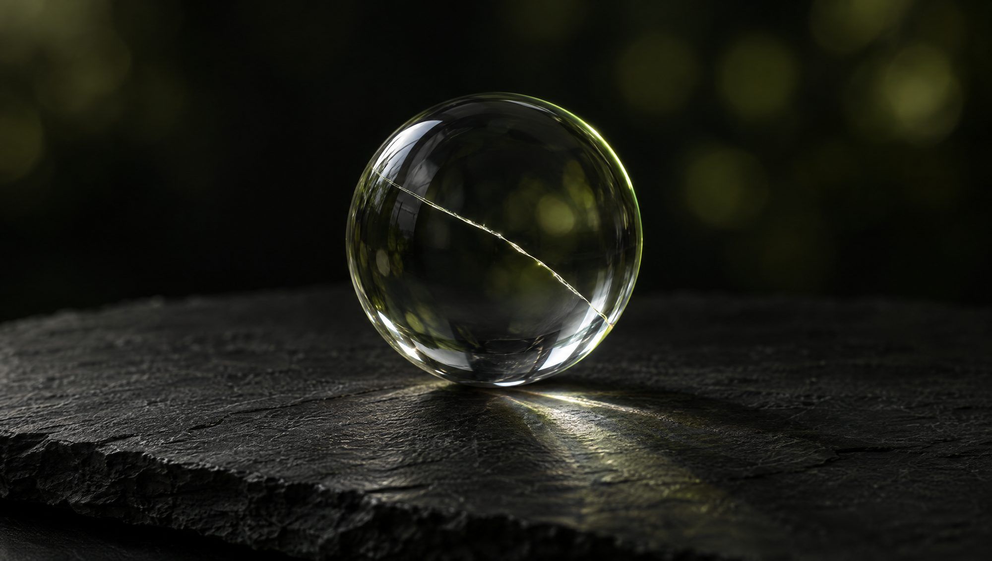 A clear glass sphere with a thin crack across it resting on dark slate, with light passing through the glass onto the stone and olive-green light along its edge against soft olive bokeh.