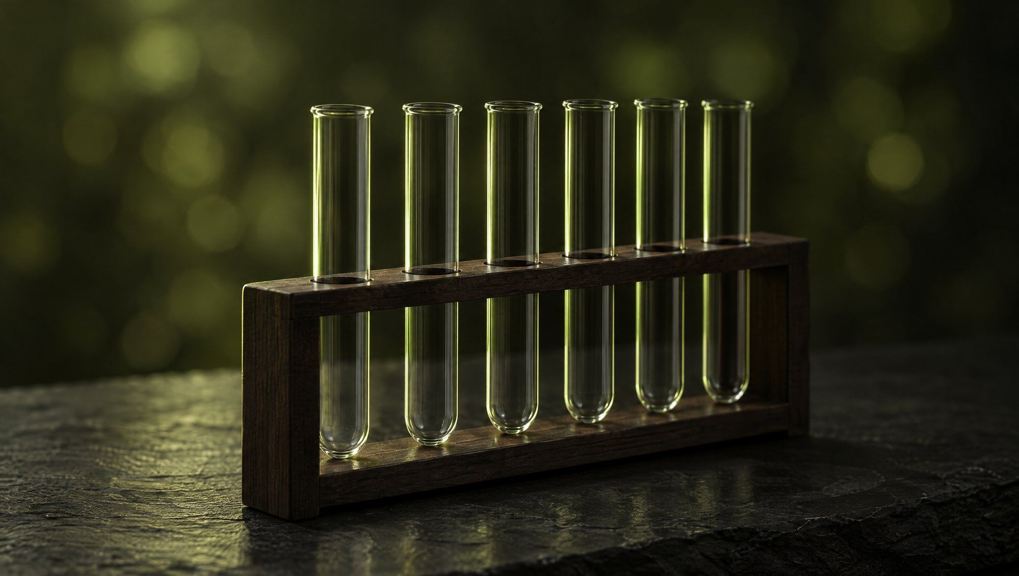 Six empty clear glass test tubes standing in a dark wooden rack on a slate surface, lit from behind with olive-green light against soft olive bokeh.