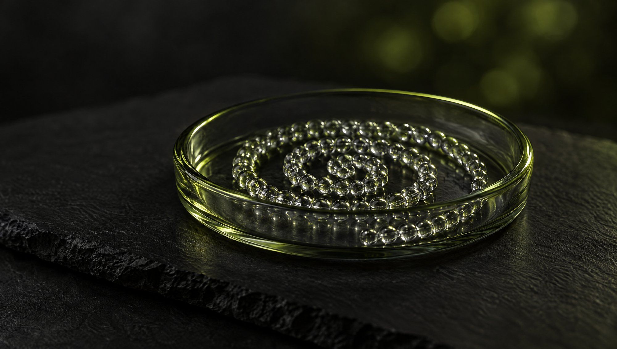 A tight spiral of small clear glass beads coiled inside a shallow round glass dish on dark slate, with olive-green light along the bead edges and the rim of the dish and soft olive bokeh behind.