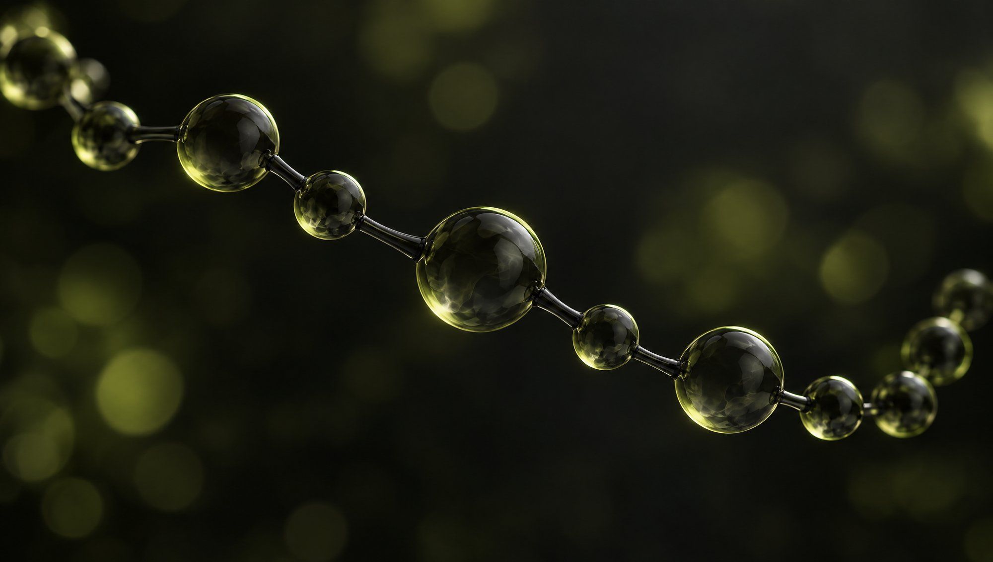 A curving chain of smoky glass spheres joined by thin dark rods, like a long molecule, floating against black with olive-green edge light and soft olive bokeh.
