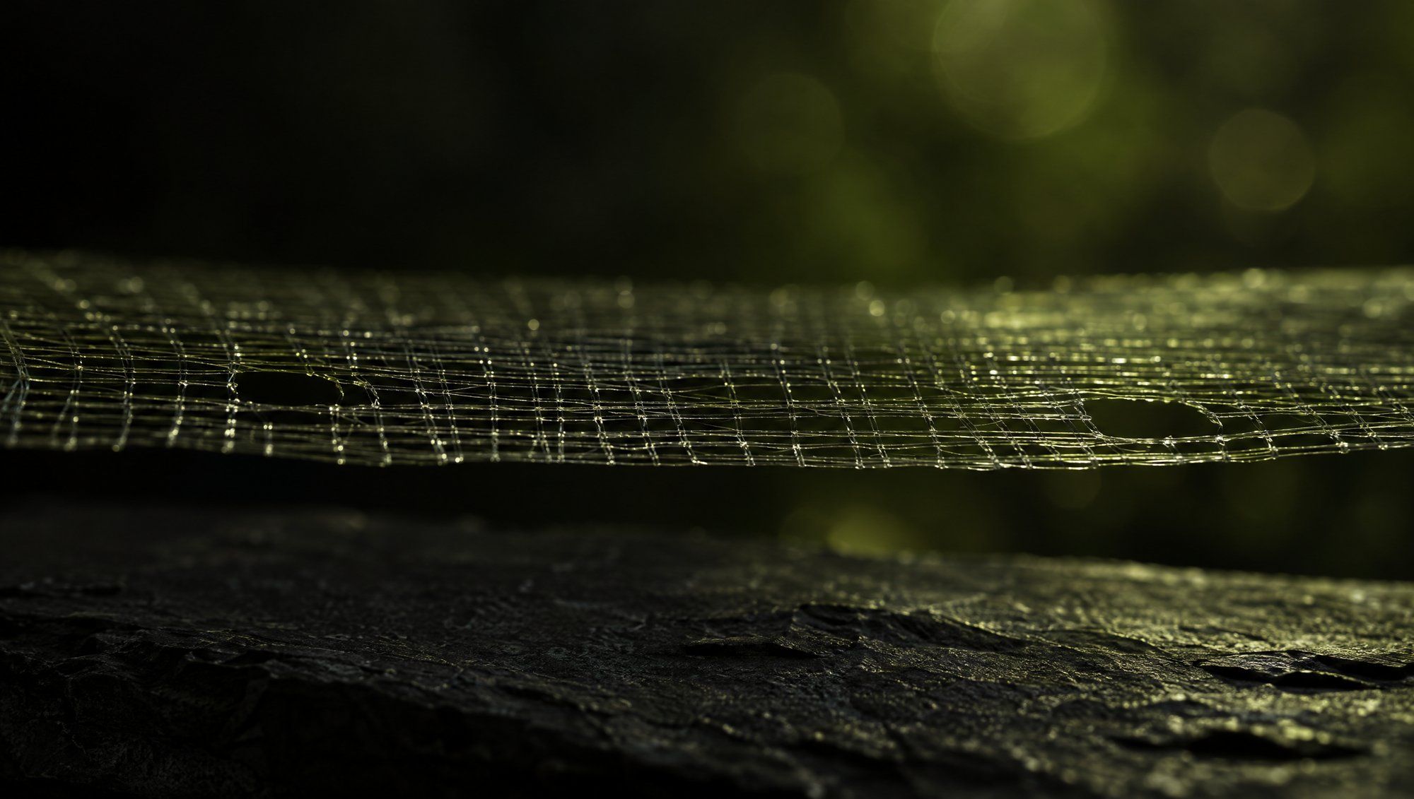 A fine mesh of clear glass threads with a few small gaps, stretched above a dark slate surface and lit from behind with olive-green light against soft olive bokeh.