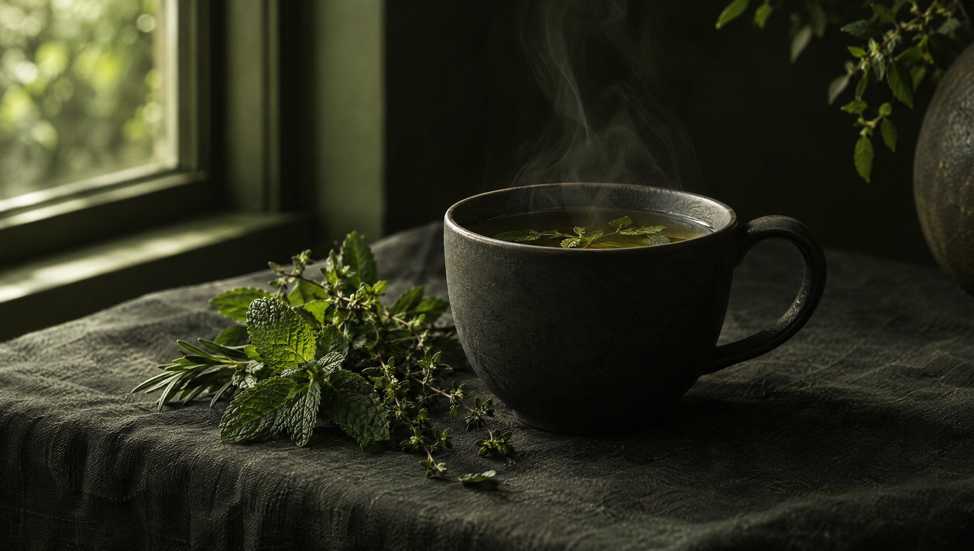 A dark ceramic cup of steaming herbal tea beside a sprig of fresh mint and thyme on a dark linen cloth near a window.