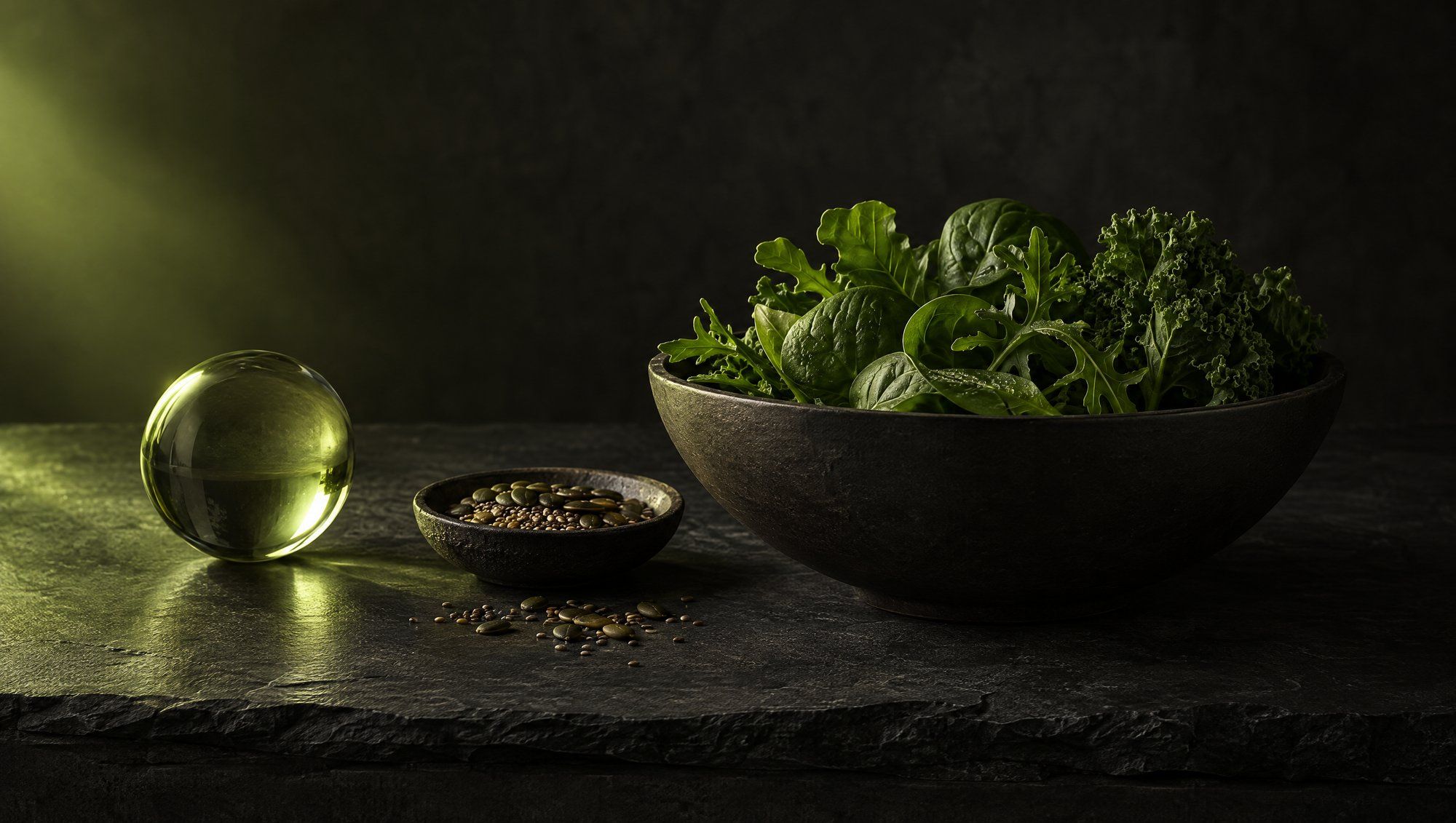 A dark ceramic bowl of fresh leafy greens, a small dish of seeds and a clear glass sphere on a slate table, lit from the left in olive green.