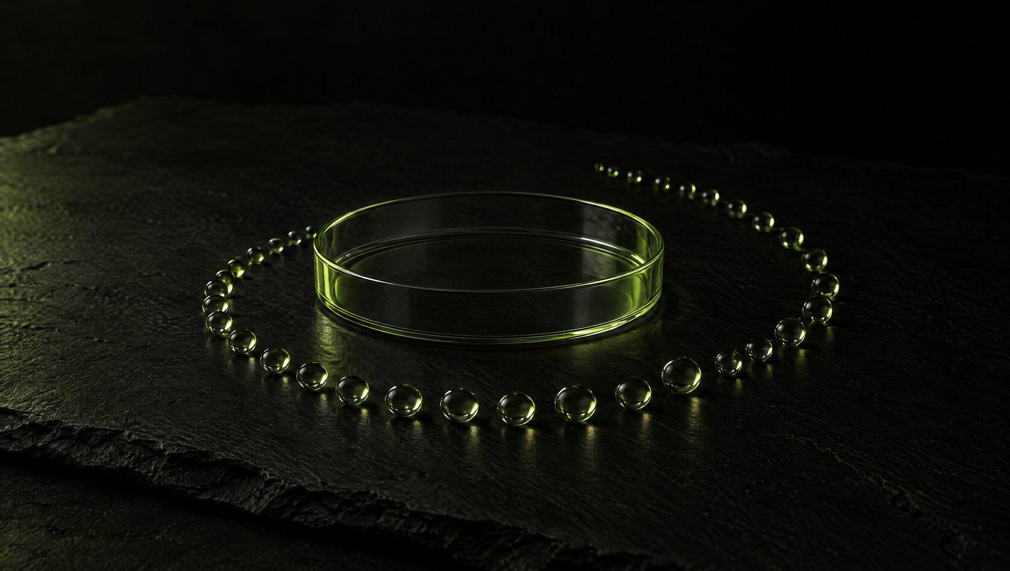An empty glass petri dish on dark slate, circled by a loose spiral of small clear glass beads, with olive-green light along the glass edges.