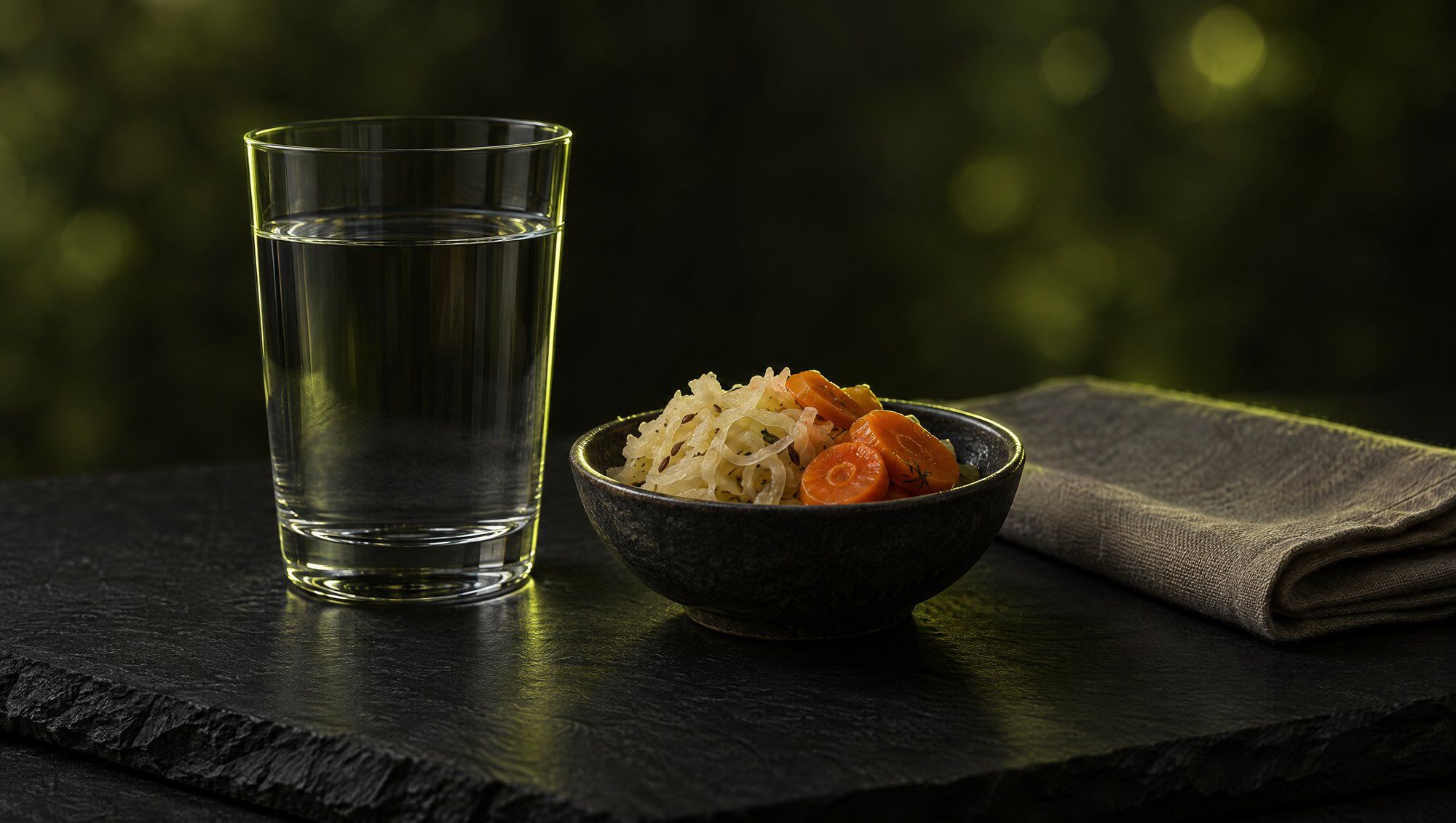 A clear glass of water, a small dark stoneware bowl of sauerkraut and sliced orange carrots, and a folded grey linen napkin on a dark slate slab, edged in olive-green light against soft olive bokeh.